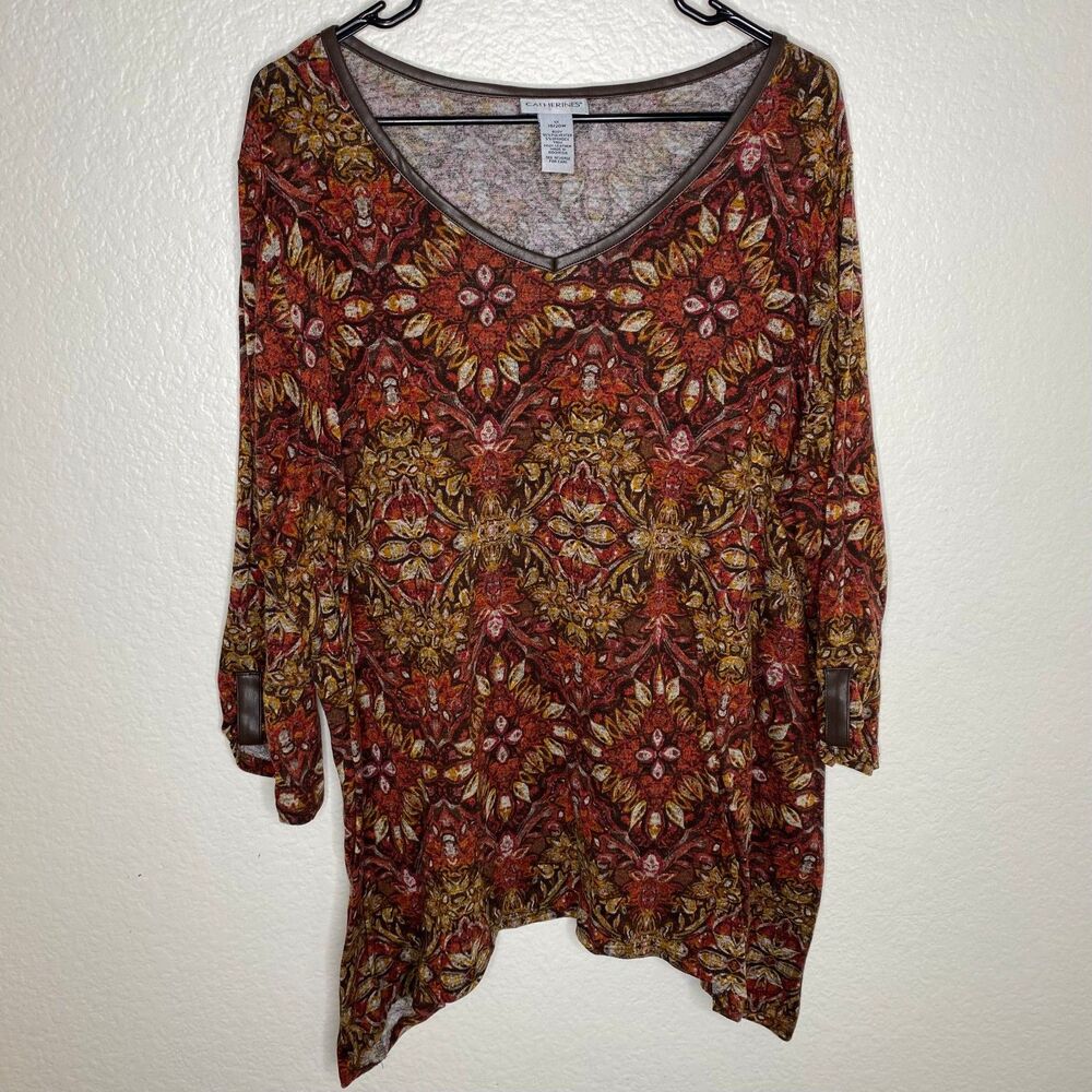 Catherines quarter sleeve knit blouse top artsy faux leather floral mature 1X